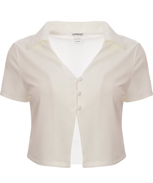 Body: 95% Polyester, Body: 5% Elastane. A glamorous button front crop top in white jersey is the epitome of chic simplicity. Its sleek design pairs effortlessly with high-waisted jeans or a flowing skirt, making it a versatile piece for any wardrobe. The crisp white hue exudes a fresh and clean vibe, perfect for sunny days out or elegant evenings. With its snug fit, it accentuates the silhouette while the button details add a touch of classic charm. This top is not just a garment; it's a statement of effortless style and comfort.