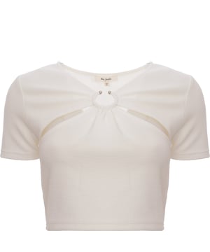 Body: 95% Polyester, Body: 5% Elastane. The Frolic cut-out detail crop top is a stunning piece that embodies modern fashion with a daring twist. Its crisp white hue complements the bold v-neck design, while the ring and cut-out details add an edgy touch. The cropped length and slim fit accentuate the silhouette, making it a perfect choice for daywear that stands out. This top is not just clothing; it's a statement piece that says you're confident, stylish, and unafraid to push boundaries.