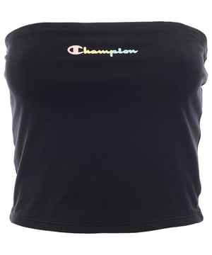 This bandeau top by Champion is made from 90% cotton and 10% spandex, featuring a logo print on the chest, a cropped length, and a slim fit.