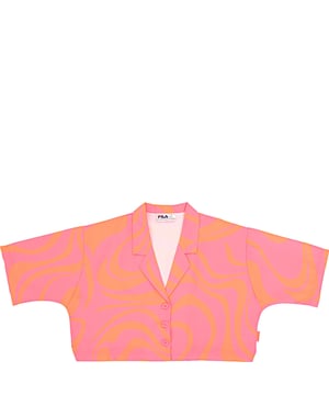 Main: 100% Polyester. The Fila swirl print cropped shirt is a vibrant fashion statement, featuring a playful pink and orange swirl pattern that's sure to turn heads. Its open collar design adds a touch of casual sophistication, while the long sleeves provide a comfortable fit for any season. This shirt is perfect for those who love to stand out in a crowd with a bold, retro-inspired look. Whether you're out with friends or enjoying a day in the city, this piece is a fun addition to any wardrobe.