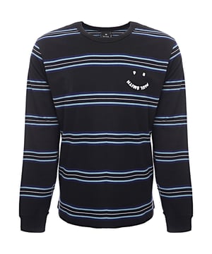Crafted from 100% organic cotton, the Regular Fit Long-Sleeve Top in black with blue stripes features the â€œHappyâ€ design. This eco-friendly top offers both comfort and a stylish, cheerful touch, with the black and blue striped design adding a unique flair. Here's the size guide:
