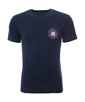 Main: 100% Cotton. The Vans Summer Camp t-shirt is a stylish choice for anyone looking to add a pop of color and fun to their wardrobe. Featuring a large pink, white, and green triangle logo on the back, it makes a bold statement. The front left chest is adorned with a smaller logo, encircled by the same vibrant colors, adding a touch of whimsy. This navy t-shirt captures the spirit of summer camp with its playful graphics and is perfect for those sunny days out or casual gatherings with friends.