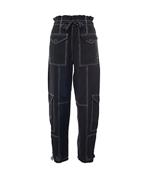 86% viscose, 14% polyesterThese trousers have an elasticated, drawstring waist with side slit pockets and back pockets