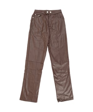 Body: 75% Polyester, Body: 20% Polyurethane, Body: 5% Elastane. The 4th &amp; Reckless leather-look straight leg trousers in deep brown are a chic addition to any wardrobe. With a shiny finish and a two-button detail, they offer a high-rise fit and a sleek silhouette that's both modern and versatile. These trousers are perfect for creating a sophisticated look that can transition effortlessly from day to night. Whether paired with a crisp blouse for the office or a glitzy top for an evening out, they promise to be a go-to piece for fashion-forward individuals. Embrace the elegance and enjoy the compliments that are sure to come your way with these stylish trousers!