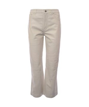 Main: 100% Leather. High-waisted, wide-leg leather trousers in eggshell are the epitome of chic sophistication. With their trendy silhouette, they offer a flattering fit that elongates the legs and accentuates the waist. The addition of pockets combines practicality with style, ensuring that essentials are always within reach while maintaining a sleek and modern look. This piece is a versatile addition to any wardrobe, perfect for making a statement while embracing comfort and elegance.