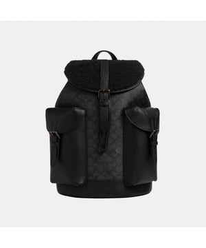 Warner Backpack in Signature Canvas with Shearling, Inside zip and multifunction pockets
 Inside laptop sleeve, Outside snap pockets,  Length: 31.50 cm,  Width: 17.50 cm,  Height: 43.00 cm