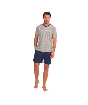 Enjoy a restful night's sleep in this stylish and comfortable men's pyjama set. Designed to provide maximum comfort without compromising on style, this men's pyjama set combines a short-sleeved T-shirt with shorts, perfect for lazy nights and relaxing at home.

 Details:

 T-shirt:
 - Relaxed fit.
 - V-neck.
 - Short sleeve.
 - Lightweight and breathable fabric.

 Short:
 - Short and baggy.
 - Side pockets.
 - Adjustable elastic waistband with drawstring.
 - Light and cool fabric for the warmest nights.
 - Tone-on-tone visible seams.

 For those seeking a restful night's sleep, J and J Brothers's luxurious short sleeve pyjama sets are just the ticket. Crafted from the finest fabrics and with an attention to detail unmatched in the industry, these comfortable and stylish men's short sleeve pyjamas will ensure you get a luxurious night's sleep each and every night.
 Composition: T-shirt: 100% Cotton; Shorts: 90% Cotton, 100% Cotton
 Care:
Machine wash max. 30ºC.
 Use mild detergent.
 Avoid bleaches.
 Dry at low temperature.
 Iron at low temperature.