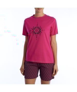 Summer pajamas from the Kisses&Love brand.
 Women's pajamas with short-sleeved T-shirt and shorts.
 The T-shirt features a round neck and armholes in a contrasting colour and a print in the centre. The print matches the shorts perfectly.
 The t-shirt is made of cotton, a perfect fabric for summer nights because it is breathable, soft and gentle on the skin.
 Elastic waistband.
 Brand logo on the t-shirt print and on the label.
 Tone-on-tone visible seams.

 Women's summer pajamas are the perfect garment to enjoy warm nights in style and comfort. These women's pajamas, designed specifically for the spring-summer season, combine lightness, softness and an elegant design that ensures freshness and comfort during rest hours.

 Choose style, quality and comfort with Kisses&Love!
 Composition: 100% Cotton
 Care:
Washing machine safe at maximum temperature of 30º.
 It does not resist bleach or any other chlorate.
 It does not resist ironing.
 Does not withstand dry cleaning.
 It does not resist the dryer.