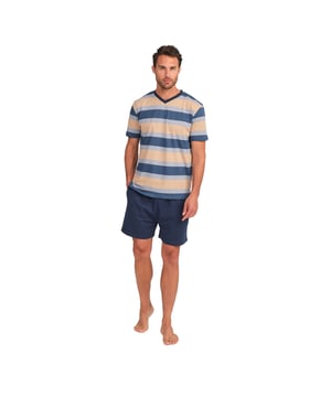 Enjoy a restful night's sleep in this stylish and comfortable men's pyjama set. Designed to provide maximum comfort without compromising on style, this men's pyjama set combines a short-sleeved T-shirt with shorts, perfect for lazy nights and relaxing at home.

 Details:

 T-shirt:
 - Relaxed fit.
 - V-neck.
 - Short sleeve.
 - Lightweight and breathable fabric.

 Short:
 - Short and baggy.
 - Side pockets.
 - Adjustable elastic waistband with drawstring.
 - Light and cool fabric for the warmest nights.
 - Tone-on-tone visible seams.

 For those seeking a restful night's sleep, J and J Brothers's luxurious short sleeve pyjama sets are just the ticket. Crafted from the finest fabrics and with an attention to detail unmatched in the industry, these comfortable and stylish men's short sleeve pyjamas will ensure you get a luxurious night's sleep each and every night.
 Composition: T-shirt: 100% Cotton; Shorts: 100% Cotton
 Care:
Machine wash max. 30ºC.
 Use mild detergent.
 Avoid bleaches.
 Dry at low temperature.
 Iron at low temperature.