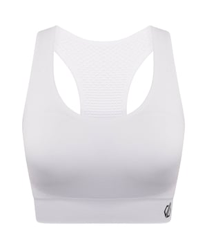 Material: Elastane, Nylon, Polyamide, Polyester. Fabric: Mesh, Q-Wic, Stretch. Design: Logo, Plain. Fabric Technology: Antibacterial, Moisture Wicking, Quick Dry, SeamSmart Technology. Medium Support, Removable Padded Cups, Seamless, Shaped Cups. Back Style: Racerback. Neckline: Scoop. XS: 32 in. S: 34 in. M: 36 in. L: 38 in. XL: 40 in.