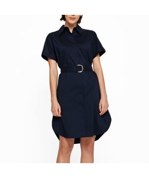 Spread collar.Short sleeves.Dual side on-seam pockets.Belted waist.Stiched trim.