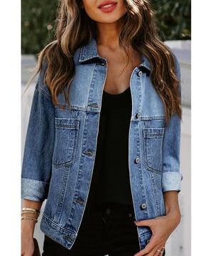 Our styles are designed with a trendy fitted look in mind following an international size standard. For the best fit we suggest choosing one size up from your usual. Be sure to check our sizing chart to find your perfect match!
  Light blue washed oversized denim jacket
  Classic button
  up closure
  Turn
  down collar
  Convenient chest pockets
Material: 75% Cotton 25% Polyester