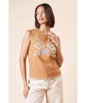 Intricate floral embroidery adorns the front of this sleeveless shell top
        Decorative scalloped trim around the neckline and armholes adds a feminine touch
        Boxy silhouette offers a comfortable, relaxed fit
        Crew neckline provides modest coverage for everyday wear
        Delicate cutwork detailing showcases exceptional craftsmanship
    
    This charming embroidered shell top from Dorothy Perkins brings artisanal flair to your casual wardrobe. The striking contrast between the base fabric and the ornate embroidery creates a piece that feels both contemporary and timeless. Style it as shown with wide-leg trousers and statement earrings for a sophisticated brunch look, or pair with your favourite denim and trainers for weekend shopping trips. The boxy fit ensures all-day comfort whilst the beautiful cutwork detailing adds interest to even the simplest of outfits. Perfect for family gatherings or casual meet-ups with friends, this versatile top transitions effortlessly from daytime coffee dates to early evening drinks. The cotton-viscose blend with a touch of linen offers breathability and a natural drape that complements the relaxed silhouette.