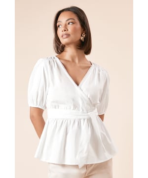 Scallop Trim Wrap Poplin Blouse