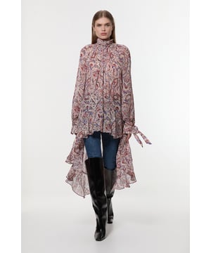 Embrace the boho trend with this elegant maxi top. Featuring long sleeves, frill details, and a paisley print design, this piece makes an elevated choice for daytime plans. Style this top with tailored trousers and leather boots and a matching leather jacket for a put-together everyday outfit. Viscose Crinkle Paisley Frill Detail Tunic Textured, Frill Detailing Classic Paisley Print Formal, High Neckline High Low Hemline Long SleevesDiscover this seasons casual tops or browse the full collection of women's tops now.
