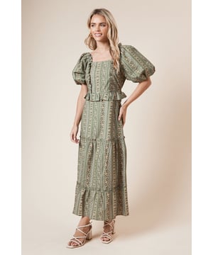 Charming square neckline with delicate ruffle trim detailing
        Voluminous puff sleeves with elasticated cuffs for a feminine silhouette
        Fitted waist with matching fabric belt to accentuate your figure
        Tiered midi skirt with ruffle details creating beautiful movement
        Smocked back panel offering both comfort and a flattering fit
    
    This Dorothy Perkins poplin midi dress combines timeless charm with contemporary styling. The linear pattern creates a slimming effect whilst the square neckline and puff sleeves add a touch of vintage-inspired elegance. Perfect for casual gatherings, style with strappy sandals as shown for daytime brunches with friends, or dress up with block heels for garden parties and baby showers. The cotton fabric ensures breathability and comfort throughout the day, whilst the tiered design creates a flattering silhouette that works beautifully for various body types. The belted waist allows you to customise the fit to your preference, making this a versatile addition to your wardrobe that transitions effortlessly from family gatherings to afternoon tea. Pair with a woven handbag and delicate jewellery for a coordinated look that's both refined and relaxed.