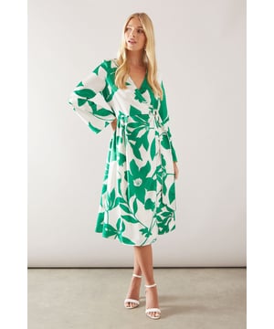 Striking floral print midi dress
        Flattering wrap neckline
        Elegant satin finish
        Long sleeves with subtle flare
        Adjustable tie waist for a customised fit
    
    Embrace effortless sophistication with this captivating floral satin wrap midi dress. The eye-catching print adds a touch of glamour to your daywear wardrobe, while the wrap style neckline creates a flattering silhouette. Perfect for casual events or family gatherings, this dress offers versatility and comfort in equal measure. Style it with strappy sandals and delicate jewellery for a chic daytime look. For a more relaxed ensemble, pair with white trainers and a denim jacket. The adjustable tie waist allows you to customise the fit to your liking, ensuring you feel confident and comfortable throughout the day. Whether you're brunching with friends or attending a garden party, this dress is sure to make you stand out for all the right reasons.