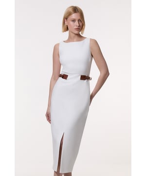 Make a lasting impression at the office with this refined Karen Millen midi dress. The tailored fit sculpts your silhouette, while the stretch fabric ensures all-day comfort. The sleek round neckline and sleeveless cut create a timeless aesthetic, perfect for professional settings. The standout feature is the PU tab detail with buckle accents at the waist, adding a touch of modern flair to the classic design. Style this versatile piece with pointed-toe court shoes and a structured blazer for important meetings. For after-work drinks, swap the blazer for a statement necklace and clutch bag to effortlessly transition from day to evening. The front slit offers ease of movement without compromising on sophistication, making this dress a go-to choice for the fashion-forward professional.   Sleek midi dress with a tailored silhouette Round neckline and sleeveless design for a polished look Distinctive PU tab details with buckle accents at the waist Front slit for ease of movement and added sophistication Stretch fabric ensures comfort and a flattering fit