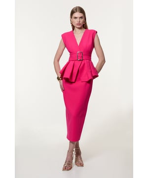 Feel formal in our midi dress, with a classic, pencil design and a peplum style waist. Style this dress with strappy heels or heeled boots for an outfit that will turn heads from office days to post-work plans. Compact Stretch Belted Peplum Tailored Maxi Dress High Quality Stretch Fabric V Neckline Flattering Fitted Silhouette Belted Waistline Peplum Detailing at WaistDiscover this seasons party dresses or browse the full colleciton of women's dresses now.