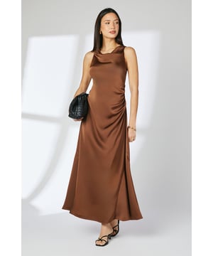 Elegant cowl neckline that drapes beautifully across the dcolletage
        Sleek midi length silhouette with a fluid, flowing skirt
        Subtle side gathering that creates flattering dimension
        Luxurious satin finish that catches the light as you move
        Sleeveless design perfect for showcasing statement jewellery
    
    This sophisticated Principles occasion dress combines timeless elegance with contemporary styling. The sumptuous satin fabric creates a liquid-like drape that moves gracefully with every step, while the cowl neckline adds a touch of refined glamour. Perfect for weddings, formal dinners, or race day events, this midi dress offers versatile styling options. Pair with strappy heels and a structured clutch as shown for classic evening sophistication, or customise with bold statement earrings for added drama. For cooler evenings, layer with a tailored blazer or delicate pashmina. The clean lines and flowing silhouette create a flattering profile that transitions effortlessly from daytime celebrations to evening affairs, making this a wardrobe essential for your special occasion collection.