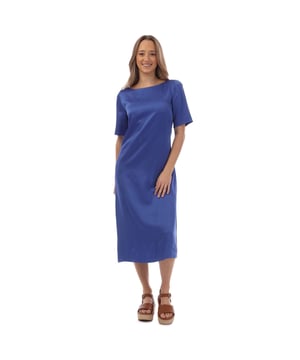 Dames BOSS Dibeca Dress in blauw.- V-hals.- Korte mouwen.- Zijdelingse ritssluiting.- 70% Acetaat 30% Viscose.- Ref: 50410974422