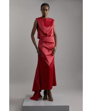 Get dressed up in our midaxi dress, which features a dramatic, draped design. Pair this piece with strappy heels for an outfit perfect for formal occasions. Petite Sleeveless Satin Drape Woven Midaxi Dress High Quality, Shimmering Satin Unique Draped Design Flattering Straight Silhouette Sleeveless Design Formal, High Neckline Draped, Low Back