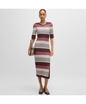 Womens BOSS Etanah Structured Stripe DressA distinctive dress by BOSS Womenswear with cropped sleeves. Trimmed with buttons at the left shoulder  this dress is knitted in jacquard jersey made from soft cotton blended with a touch of stretch. The fabric features a structured stripe in signature colours for an iconic look.Main material: 98% Cotton  2% Elastane  Ribbing: 90% Viscose  10% Elastane.  Machine washable.Ref: 50494185-968