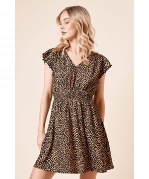 Flattering V-neckline with feminine flutter sleeves for a soft, romantic silhouette
        Elasticated waistband creates a defined shape whilst ensuring all-day comfort
        Mini length design perfect for showcasing your favourite footwear
        Lightweight woven fabric with a touch of stretch for ease of movement
        Striking animal print pattern that makes a statement whilst remaining versatile
    
    This charming mini dress combines effortless style with everyday wearability. The flutter sleeves add a delicate touch to the silhouette, whilst the V-neckline creates a flattering frame for your dcolletage. The elasticated waist cinches in to create definition, flowing into a gently flared skirt that hits at mini length. Style with chunky sandals as seen on our model for casual brunches with the girls, or dress up with ankle boots and a leather jacket for evening drinks. For family gatherings, pair with comfortable ballet flats and a lightweight cardigan. The timeless animal print works beautifully across seasons - simply layer with tights and a cosy jumper when temperatures drop. Machine washable for fuss-free care, this Dorothy Perkins dress will quickly become your go-to for those 'nothing to wear' moments.