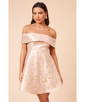 Elegant jacquard fabric with a luxurious fold-over bardot neckline
        Structured A-line silhouette that flatters the figure
        Mini length design perfect for showcasing your legs
        Fully lined for comfort and smooth wear
        Subtle back detailing that adds interest to the overall design
    
    This DP Luxe jacquard mini dress radiates sophistication with its striking bardot neckline and structured silhouette. The fold-over detail creates a refined frame for your dcolletage, whilst the A-line cut ensures a flattering fit for all occasions. Style with strappy heeled sandals and delicate drop earrings for weddings or formal events, or dress it down slightly with a tailored blazer and court shoes for graduation ceremonies. The mini length makes this piece particularly suitable for summer race days when paired with an elegant fascinator. For evening occasions, complement with a small clutch bag and a sleek updo to showcase the beautiful neckline. This versatile dress transitions effortlessly from day to night, making it a valuable addition to your occasion wardrobe.