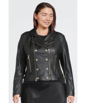 Designed in buttery soft leather, this jacket is something special. The classic biker styling works harmoniously against its statement double-breasted front. Featuring our signature KM logo and embossed detail, the gold buttons offer an elevated feel to your go-to layer.Expertly designed for those size 18 and above, our curve collection is perfectly proportioned to ensure you look stylish at every shape.Style: Biker JacketDesign: PlainFabric: LeatherLength: RegularNeckline: CollaredSleeve Length: Long Sleeve Discover our collection of plus size coats and jackets or browse our range of plus size clothing now.