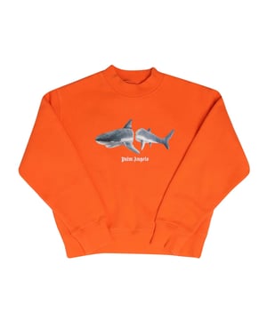 Juniors Palm Angels Shark Crewneck Sweatshirt in orange.- Ribbed mock neck.- Ribbed cuffs and hem.- Palm Angels logo printed at front.- Broken shark printed logo.- 100% Cotton.- Ref: PBBA0020032006