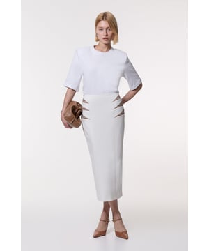 Experience updated wardrobe essentials with our midi skirt, with a straight silhouette and a high waistline, creating a universally flattering fit. The jacquard detailing adds immediate intrigue, elevating this piece beyond a basic. Style this piece with anything, from the matching jacket and strappy heels, to a knit jumper, tights, and boots. Compact Stretch Jacquard Insert Midi Pencil Skirt Sleek, Minimal Design Comfortable High Waistline Flattering Straight Silhouette Unique Insert Details on Hips Zip Back Fastening Matching Jacket Sold Separately