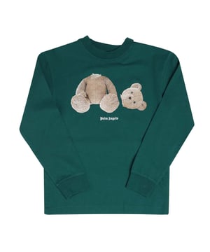 Juniors Palm Angels Bear T-shirt met lange mouwen in groen.- Ronde hals.- Lange mouwen.- Afbeelding beer gedrukt op voorkant.- Palm Angels logo gedrukt op voorkant in wit.- Geribde boorden.- 100% katoen.- Ref: PBAB0010015760