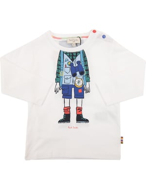 The Paul Smith Boys Dalil F&amp;B Rucksack T-Shirt in white is a stylish and comfortable choice, crafted from 100% cotton for softness and breathability.