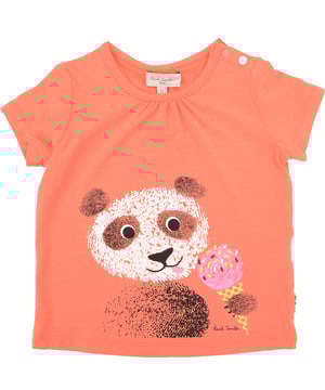 The Paul Smith Baby Girls Lilianne T-Shirt in orange is vibrant and comfortable, made from a blend of 48% cotton, 43% modal, and 9% elastane. It provides a soft, breathable, and stretchy fabric, perfect for active play.