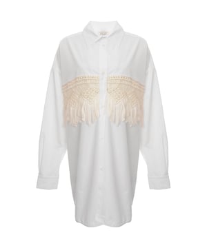 Cotton, Viscose. Raey oversized skirt with a silk macrame insert panel across the middle. Featuring a pointed collar, long sleeves, buttoned cuffs, and a box pleated back