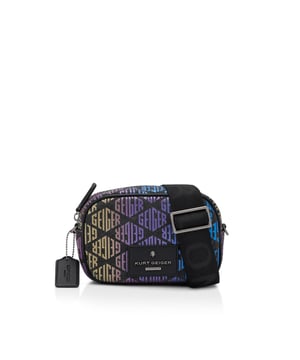 This Small Chiswick Camera Bag from Kurt Geiger features a dark rainbow ombre monogram print across the exterior of the bag. There is a black patch with antiqued silver logo on the front of the bag and open pocket on the back. Dimensions: 13cm (H), 19cm (L), 6cm (D) Strap length: 236cm Woven strap length: 121cm