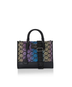 This Kurt Geiger Chiswick Tote bag features a black monogrammed exterior with rainbow design. The trims are in black with antiqued silver hardware and branding details. 26cm (H), 33cm (L), 15cm (D) Strap length: 144cm