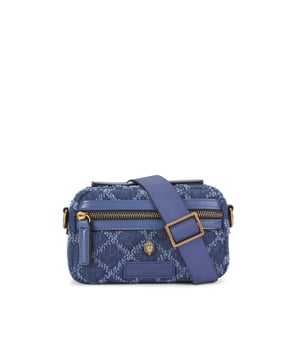 This Extra Small Denim Cross bag features a blue denim exterior with frayed diamond weave design. There is an antiqued brass eagle head on the front above a rubber branded patch. 19cm (H), 18cm (L), 5cm (D). Strap length: 120cm. Removable cross body woven strap. Can fit phones up to 6inches.