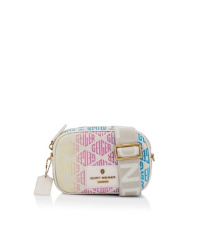 This Small Chiswick Camera Bag from Kurt Geiger features a rainbow ombre monogram print across the exterior of the bag. There is a bone patch with antiqued brass logo on the front of the bag and open pocket on the back. Dimensions: 13cm (H), 19cm (L), 6cm (D) Strap length: 236cm Woven strap length: 121cm