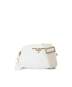 This Kurt Geiger Small Chiswick Camera Bag features a white pebble grain leather exterior. There is an antiqued brass logo and micro eagle head on the front of the bag and open pocket on the back. Dimensions: 13cm (H), 19cm (L), 6cm (D). Strap length: 236cm.