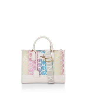 This Chiswick Tote bag features a monogrammed exterior with rainbow design. The trims are in bone with antiqued brass hardware and branding details. (H), (L), (D). Strap length: Bone branded woven cross body strap. Can fit laptops up to 14inches.