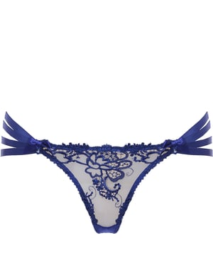 Embroidered Shell: Base: 100% Polyamide Embroidery: 100% Polyester Woven Shell: 90% Silk &amp; 10% Elastane Elastic Band: 91% Polyamide &amp; 9% Elastane Gusset Lining: 90% Silk &amp; 10% Elastane Swiss laser cut guipure embroidery
Bondage-inspired strapping detail at sides meeting to create a woven detail at centre
Finished with pretty satin bows and black Swarovski? crystal droplets