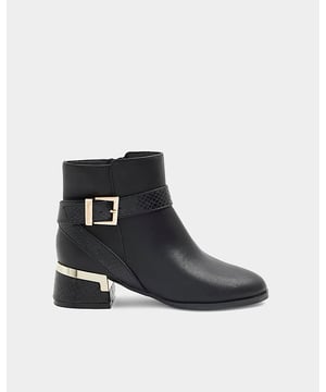 Croc embossed straps, Buckle detail, Side zip fastening, Heel height: 1cm