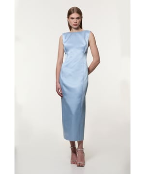 This Karen Millen dress embodies refined elegance, perfect for those special occasions that demand a touch of glamour. The structured viscose satin fabric creates a smooth, polished appearance while the tailored pencil silhouette sculpts your figure beautifully. The high neckline and maxi length combine to create a look of timeless sophistication, ideal for formal events, weddings, or high-profile gatherings. Style this showstopper with strappy metallic heels and statement earrings to complement its sleek lines. For cooler evenings, drape a finely knitted pashmina over your shoulders. This dress is versatile enough to transition from day to night - pair it with a tailored blazer for a chic daytime ensemble, then remove the layer to reveal its stunning back detail for evening affairs.   Structured viscose satin fabric for a luxurious feel and appearance Tailored pencil silhouette for a sleek, figure-hugging fit Elegant high neckline adds sophistication Striking stitch detail enhances the structured design Maxi length offers a dramatic, floor-sweeping look