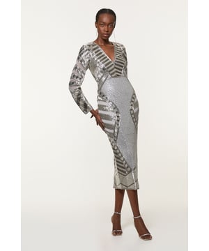 Feel formal in our petite midi dress, with sparkling, beaded detailing, a large cut out in the back, and structured shoulders. Styles well with strappy heels for a statement occasion look, perfect for party nights and special occasions. Petite Beaded Embellished Woven Midi Dress Sparkling Beaded Embellishments Striking Geometric Detailing Statement Cut Out Back Thigh High Leg Split in Back Figure Hugging Silhouette Hook and Zip Fastenings in Back Expertly designed for those 5'3" and under, our Petite pieces are perfectly proportioned for a smaller frame using shorter lengths.Browse this seasons petite occasion dresses or shop the full collection of women's petite clothing now.