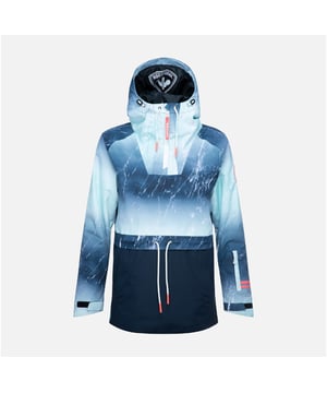 100% Polyester. Rossignol Anorak Ski Jacket in Aqua Marble, Made in China, Style Code:RLKYJ17E, Features: Drawstring Waist, 1/4 Zip neck, Arm-pit Zips, Hooded,Velcro Sleeve cuffs with under-layer, Rossignol brand logo to left arm, Zip pockets