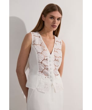 Intricate cutwork detailing along the front Sleeveless design with a plunging V-neckline Button-front closure for adjustable fit Woven cotton fabric for breathable comfort Versatile regular fit suitable for various body types  This Karen Millen Cotton Cutwork Woven Waistcoat is a stunning addition to your wardrobe, perfect for elevating your daytime ensembles. The intricate cutwork detailing adds a touch of sophistication, while the sleeveless design and V-neckline create a flattering silhouette. Style this versatile piece over a crisp white shirt and tailored trousers for a polished look at family gatherings or casual events. For a more relaxed vibe, pair it with high-waisted jeans and ballet flats. The button-front closure allows for customisable styling, making it easy to adapt to different occasions. The breathable cotton fabric ensures comfort throughout the day, whether you're running errands or meeting friends for brunch. This waistcoat is a true wardrobe staple that can be dressed up or down, making it an essential piece for the fashion-forward woman.