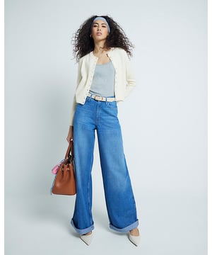 Denim fabric, Button and zip fastening, Belt loops, Pocket detail, Super wide leg