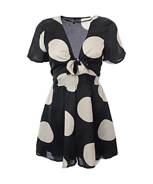 Product Details: All-in-one with a polka-dot print, plunge neck, short sleeves, tie front, stretch-back waist, oversized fit, relaxed and roomy, lightweight woven fabric, and glossy surface sheen. Main materials used are 100% Polyester.